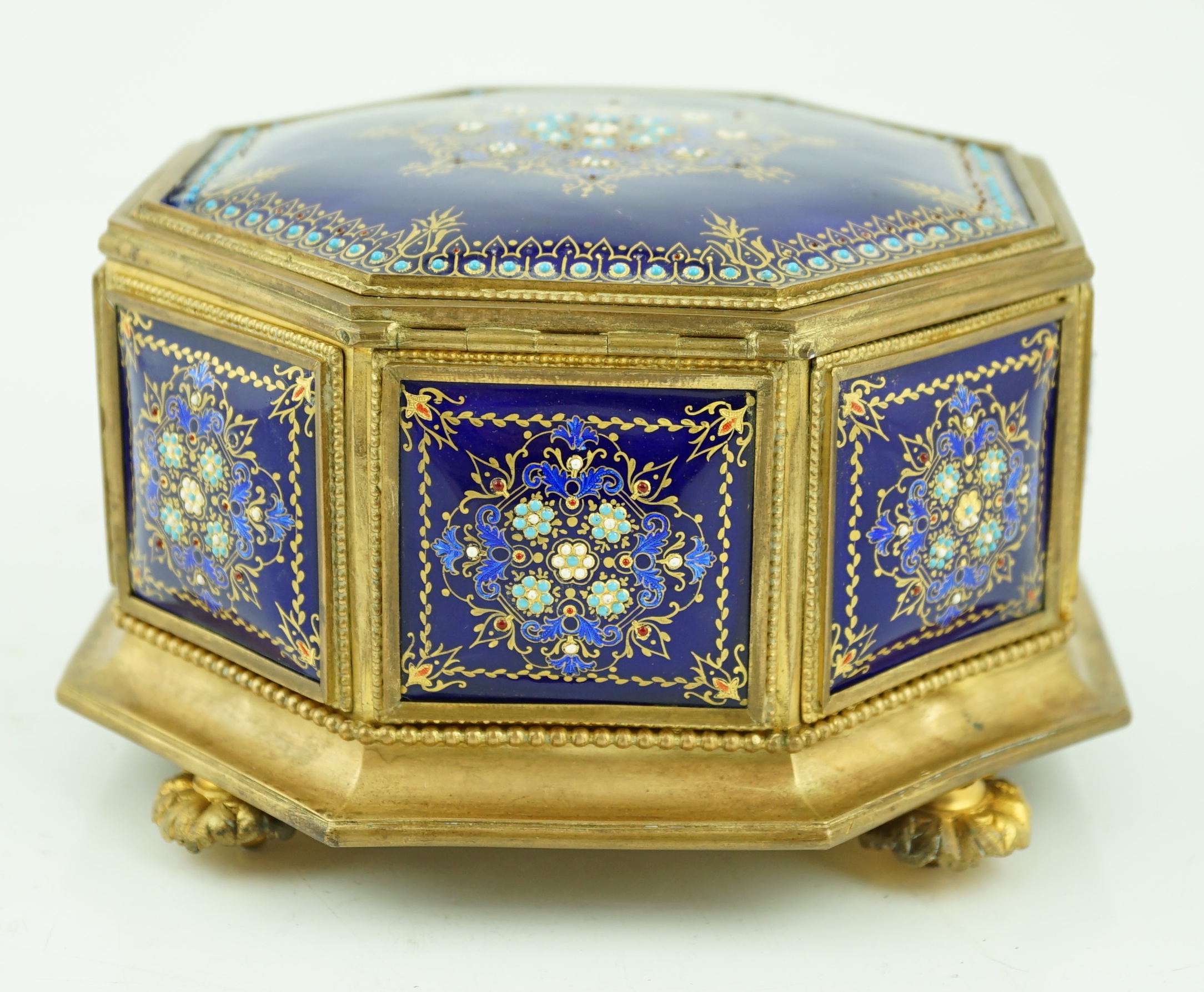 A 19th century French Limoges enamel casket, 18cm wide, 18cm deep, 10cm high